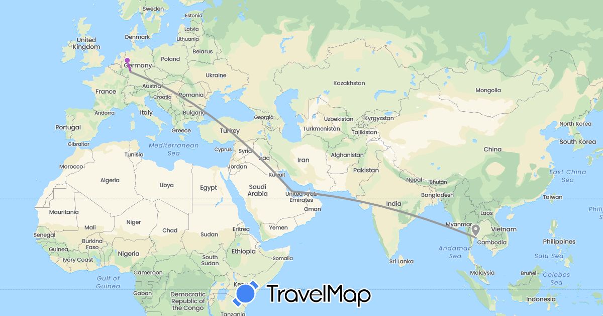 TravelMap itinerary: driving, plane, train in Germany, Qatar, Thailand (Asia, Europe)